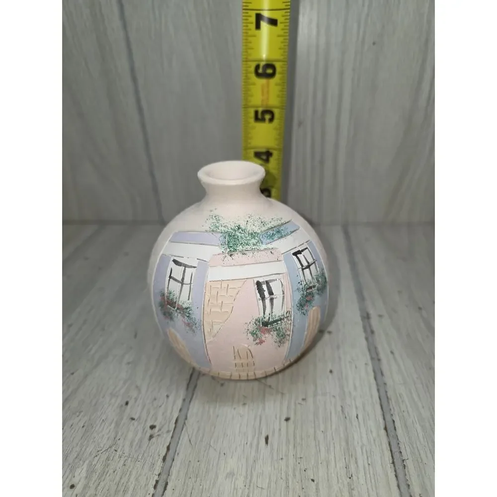 Vintage Pottery Vase Hand Painted Colorful Houses Handmade Clay Decor Signed